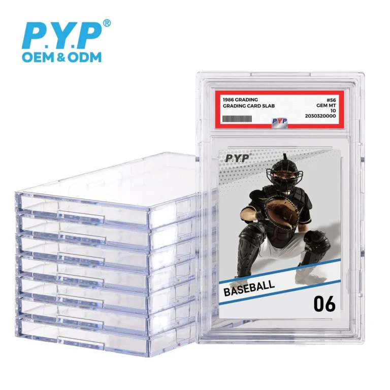 Stackable clear plastic graded card slab storage box, interlocking dustproof transparent container for standard PSA grading slabs, factory OEM ODM bulk wholesale for sports TCG collectible card storage organization