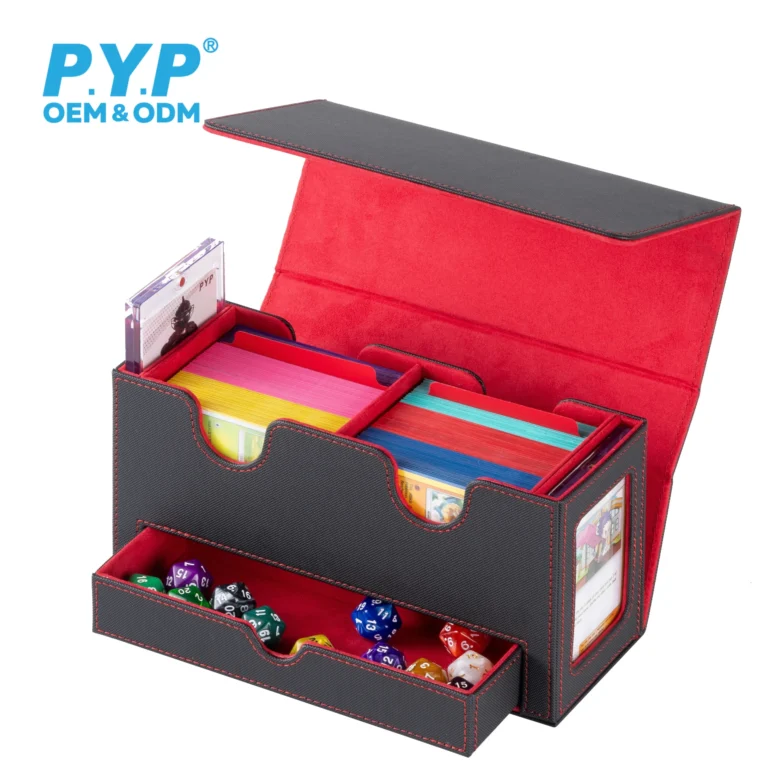 Custom printed double pu deck box with pull‑out dice drawer, oem color logo trading card box for distributors bulk order