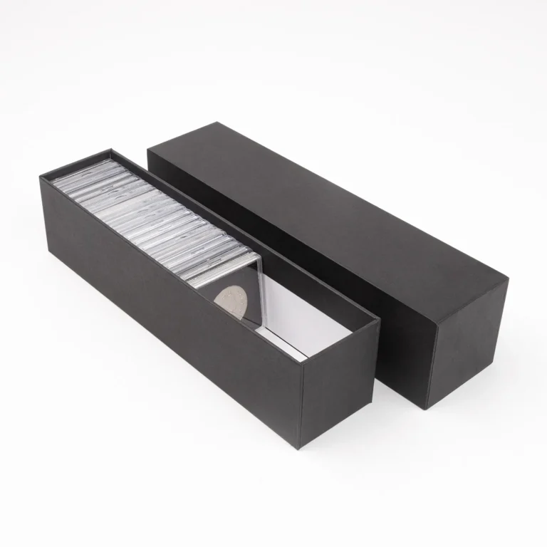 Long hard paper graded coin storage box, black lid‑top case for organizing certified coin slabs, numismatic collection storage container