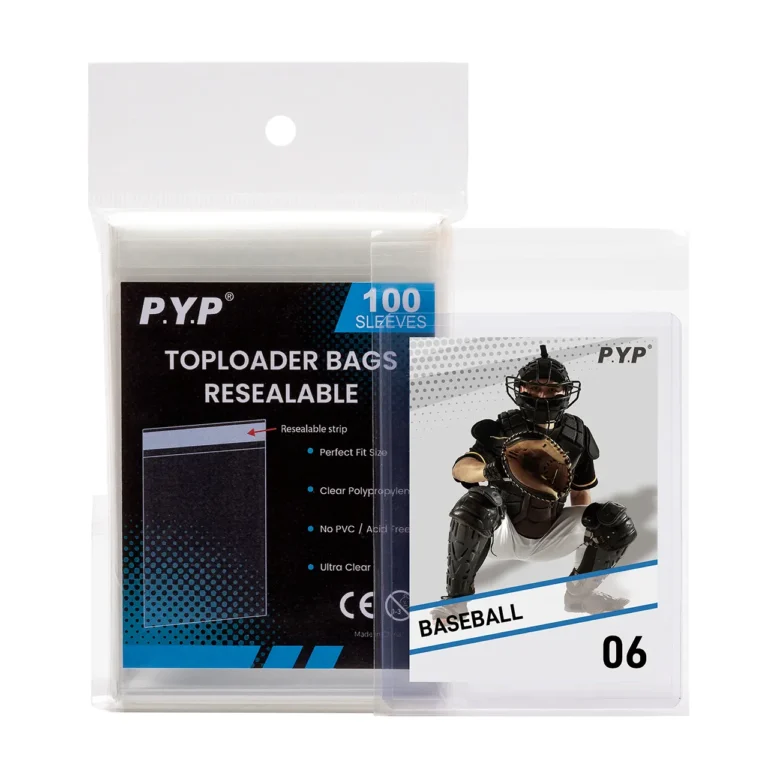 Ultra clear acid free resealable toploader bags with reusable adhesive sealing strip, archival PVC-free poly storage sleeves perfectly fit standard sports & TCG card toploaders, 100 bags per hanging retail pack, factory OEM custom printed packaging bulk wholesale for card retailers, grading shops and trading card distributors