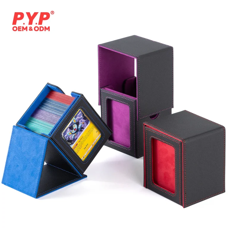 Vertical magnetic PU trading card deck box with front transparent view window, side U-shaped cutout for easy card access, crosshatch PU exterior, two-tone soft velvet lining. Vertical standing design stores sleeved Pokemon, MTG, YuGiOh TCG cards and holds toploaders for display. Multiple color choices, factory custom embossed logo, OEM bulk wholesale for hobby retailers and global distributors.