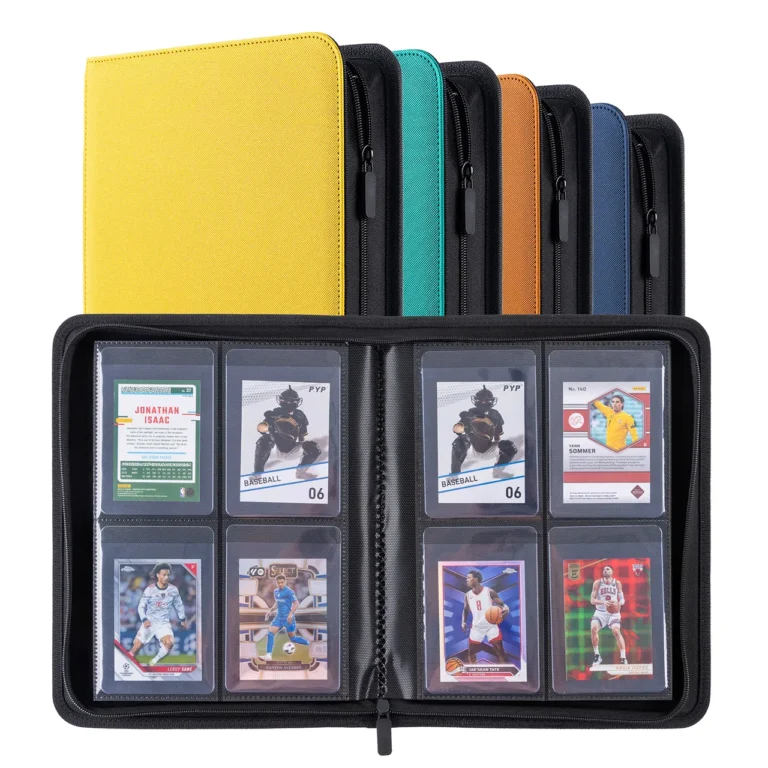 Waterproof wear-resistant PU leather 4 pocket zipper trading card binder, customizable multiple solid cover colors, extra spacious double-sided pockets engineered to fit standard semi rigid card holders, full surrounding zipper closure, storage album for sports, Pokemon, MTG collectible cards inside semi rigid protectors, factory OEM custom colors & printed logos bulk wholesale for hobby retailers and international trading card distributors