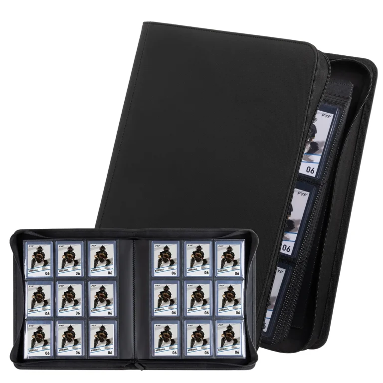 Waterproof PU leather 9-pocket zipper Toploader binder, customizable multiple solid cover colors, extra wide double-sided pockets compatible with fully loaded standard 3x4 rigid trading card toploaders, full surrounding zipper closure, storage album for sports, Pokemon, MTG collectible cards, factory OEM custom colors & printed logos bulk wholesale for hobby stores and trading card distributors