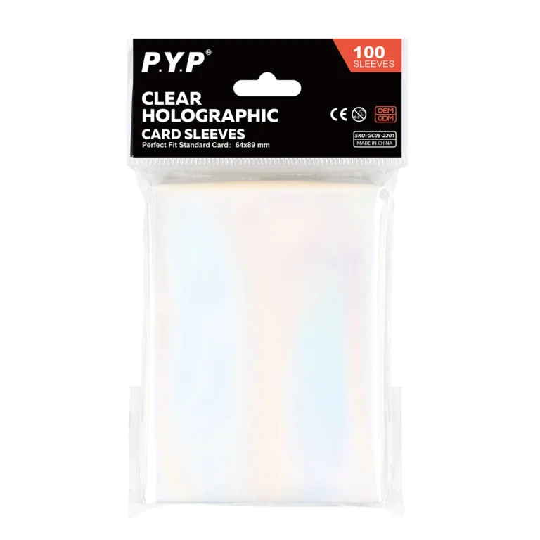 Clear holographic penny card sleeves, standard 64×89mm size, transparent rainbow holographic film design, acid-free inner trading card sleeves, scratch resistant, used as inner protection for sports cards, Pokemon and TCG collectible cards. Factory supports custom printed packaging bags, OEM bulk wholesale for hobby retailers and international trading card distributors.