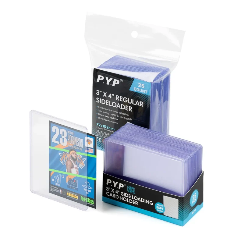 Ultra clear acid-free PVC-free 3x4 side loading 35PT rigid card toploaders, side entry design standard trading card holders for basketball, baseball, Pokemon and mainstream TCG cards, smooth side slide insertion prevents card surface scratches, 25 pieces per retail display box, factory OEM custom printed packaging bulk wholesale for hobby card stores and worldwide collectible trading distributors