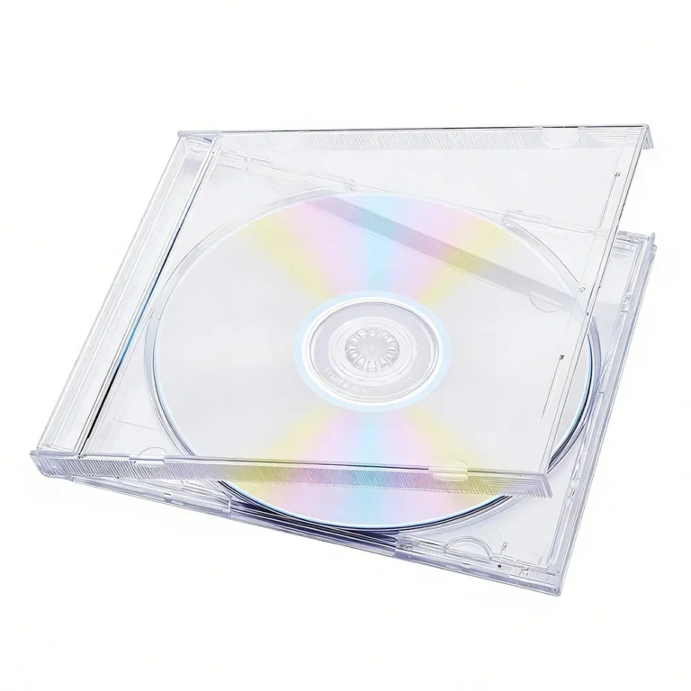 Open full transparent plastic CD jewel case with disc inside, white background