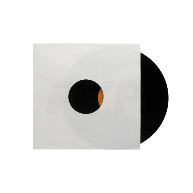 Studio shot of blank white kraft paper inner sleeve for 12 inch LP vinyl, centered circular label viewing window, factory wholesale