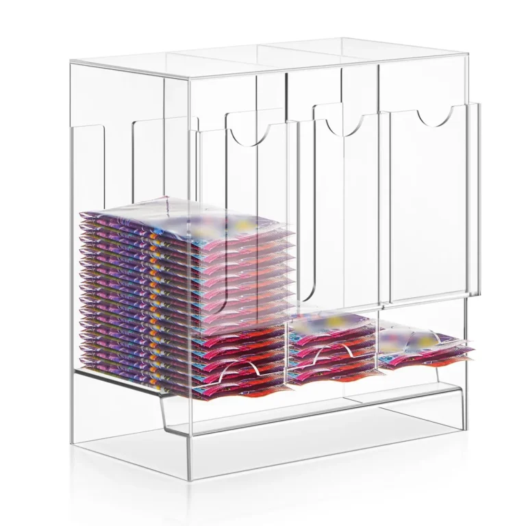 Wholesale 3‑slot acrylic booster pack dispenser, clear acrylic display holder for pokemon tcg booster packs for card shop retail bulk supply