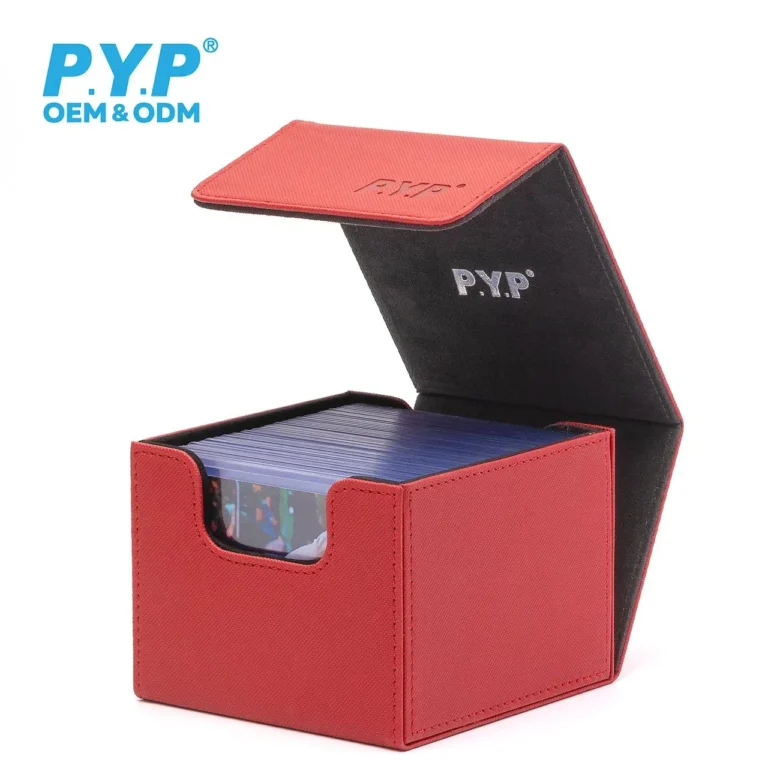 Premium crosshatch PU leather magnetic toploader deck box, customizable multiple outer cover colors & embossed logos, spacious interior designed for fully loaded standard 3x4 rigid trading card toploaders, strong magnetic flip lid, shockproof storage case for sports, Pokemon, MTG collectible cards in top loaders, factory OEM custom colors & embossed logos bulk wholesale for hobby retailers and international trading card distributors