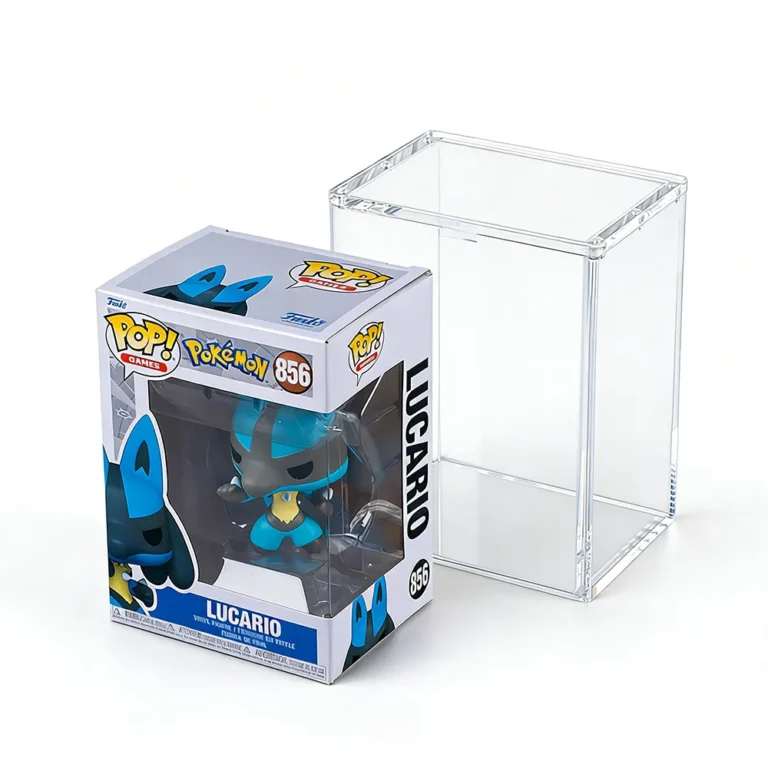 Original Funko Pop figure box next to empty magnetic hard plastic protector case, size reference for bulk buyers