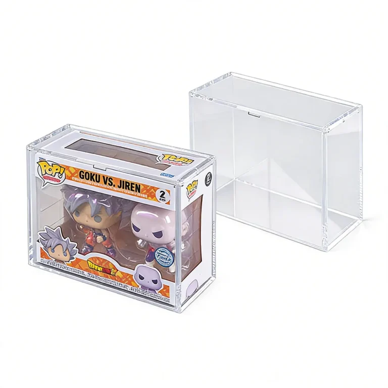 Comparison view of assembled loaded magnetic protector and empty case for Funko Pop 2‑pack, size reference for wholesale buyers