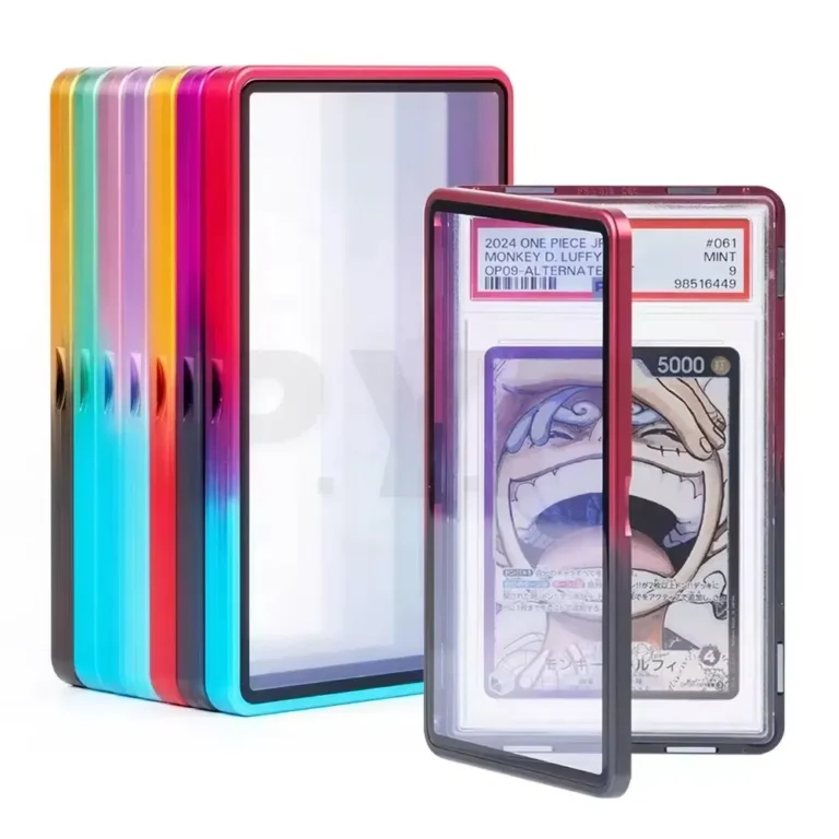 Gradient metal graded slab bumpers case, rustproof shockproof hard metal frame protector, stylish gradient finish for standard PSA graded card slabs, factory wholesale OEM card accessories