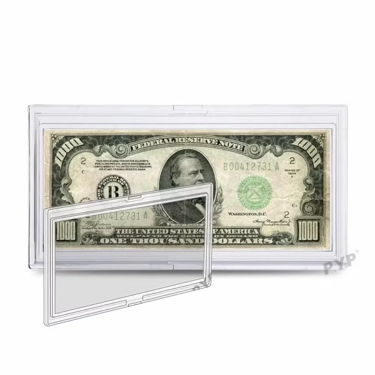Dust‑proof rigid plastic banknote slab holder, snap‑lock currency case offering physical protection for high‑value collectible paper currency notes