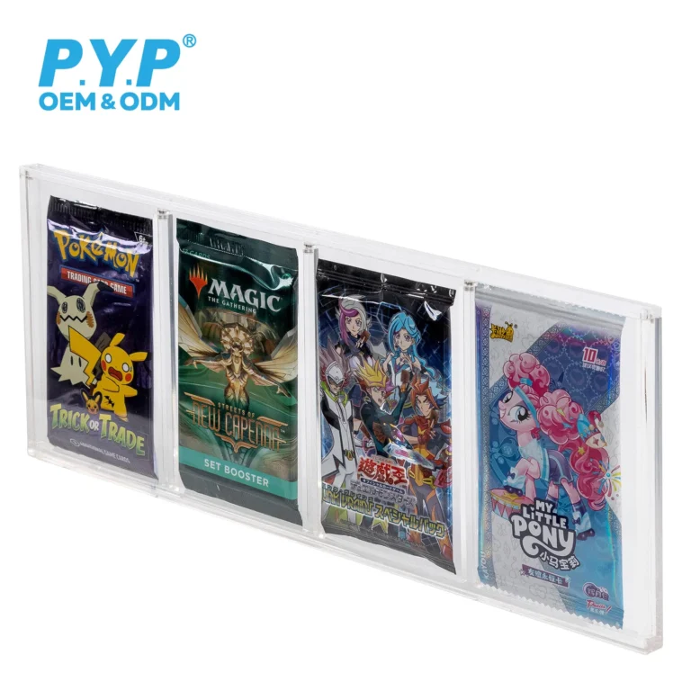 Multi‑brand compatible magnetic acrylic booster pack display holder, fits Pokemon, Lorcana, Magic The Gathering sealed booster packs wholesale