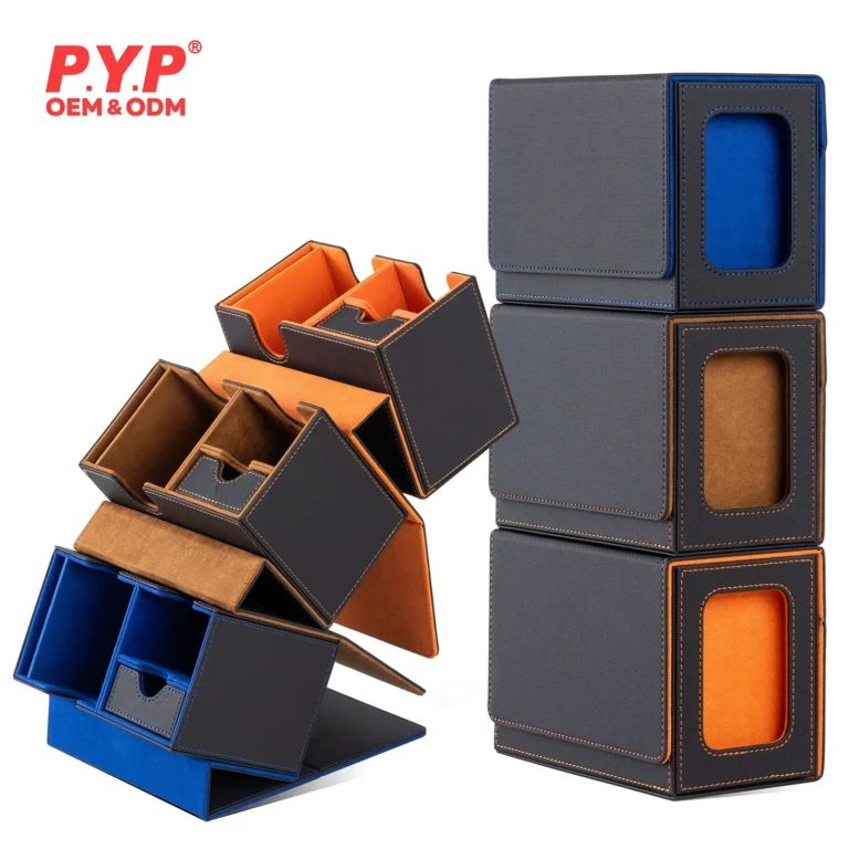 Magnetic double compartment PU trading card deck box, dual slots for two TCG decks, front transparent view window, detachable pull-out dice tray. Crosshatch PU exterior, soft two-tone velvet lining. Compatible with Pokemon, MTG, One Piece cards, supports toploader display. Multiple colors, custom embossed logo, OEM bulk wholesale for global hobby retailers.