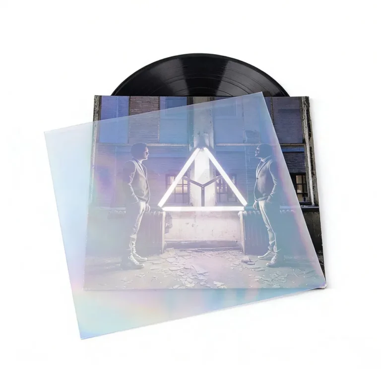 Holographic iridescent 12 inch vinyl LP outer sleeves displayed with record album and black vinyl on white background