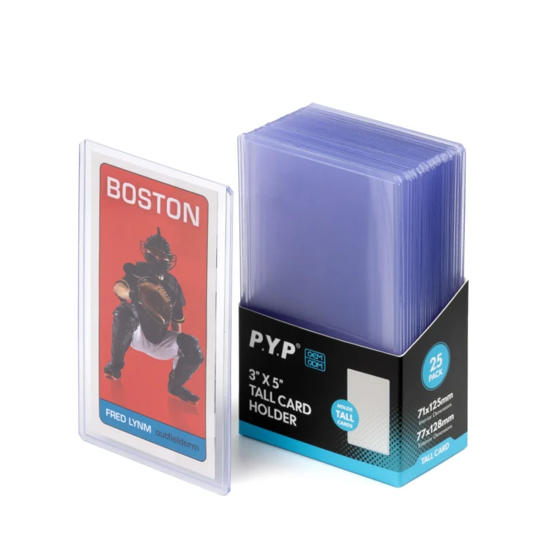 Ultra clear acid-free PVC-free 3"x5" tall rigid card holders, 3 by 5 tall size trading card toploaders designed for vertical tall vintage baseball sports cards, scratch-resistant rigid polypropylene protectors, 25 pieces per retail display box, factory OEM custom printed packaging bulk wholesale for vintage card shops and collectible distributors