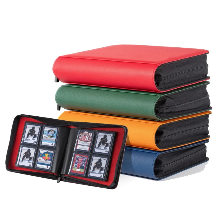 Waterproof PU leather 4-pocket zipper Toploader binder, customizable multiple outer cover colors, extra wide double-sided pockets designed for loaded standard 3x4 rigid card toploaders, full zipper closure, storage album for sports, Pokemon and TCG trading card toploaders, factory OEM custom colors & printed logos bulk wholesale for hobby retailers and collectible distributors