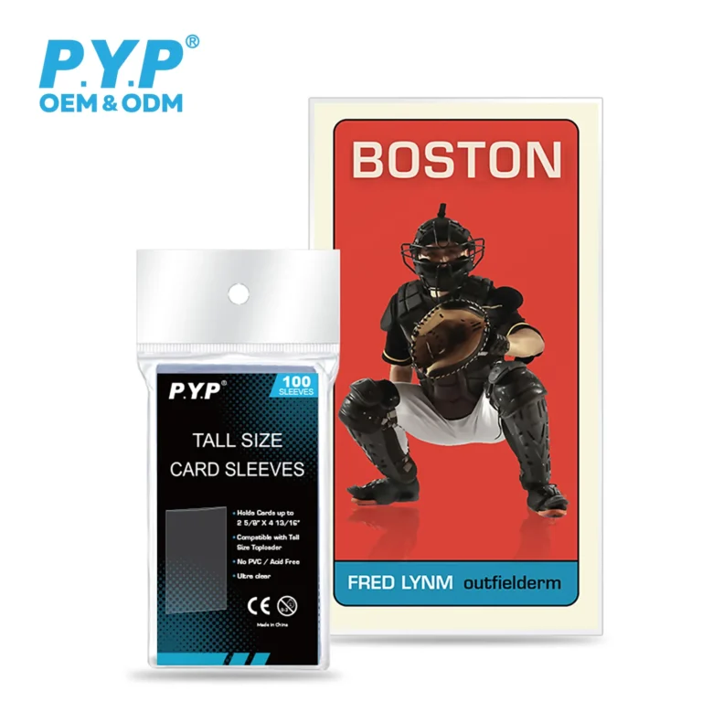 Ultra clear acid-free PVC-free tall size card sleeves, archival polypropylene tall trading card protectors compatible with tall rigid toploaders, fits tall vintage baseball sports cards, 100 sleeves per hanging retail pack, factory OEM custom printed packaging bulk wholesale for sports card shops and vintage collectible distributors