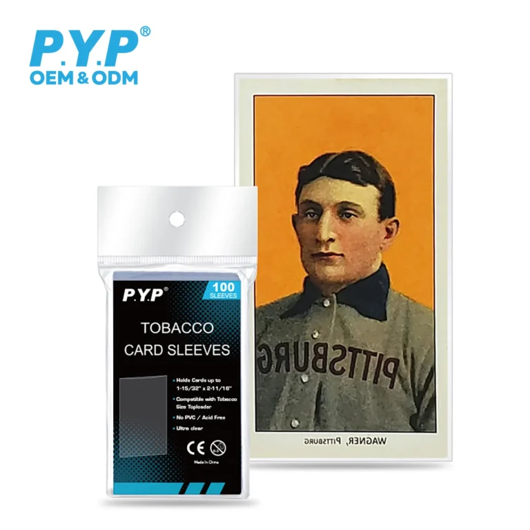 Ultra clear acid-free PVC-free tobacco card sleeves, archival polypropylene protectors custom sized for vintage antique T206 tobacco baseball cards, fits tobacco-size rigid toploaders, 100 sleeves per hanging retail pack, factory OEM custom printed packaging bulk wholesale for vintage sports card dealers and antique collectible retailers