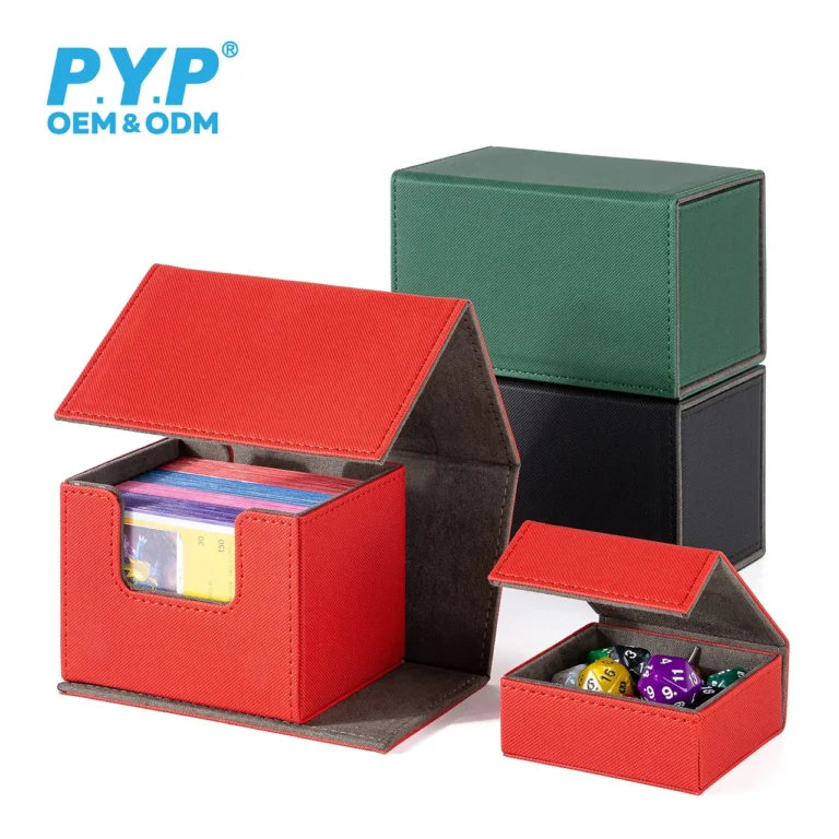 Crosshatch PU magnetic dual compartment trading card deck box with independent built-in dice tray, hidden magnetic flip lid, soft velvet interior lining. Main compartment holds sleeved Pokemon, MTG, YuGiOh TCG cards, separate side compartment stores game dice, counters and accessories. Multiple solid color options available, factory provides embossed custom logo service, OEM bulk wholesale for hobby card shops, tournament organizers and international trading card distributors.
