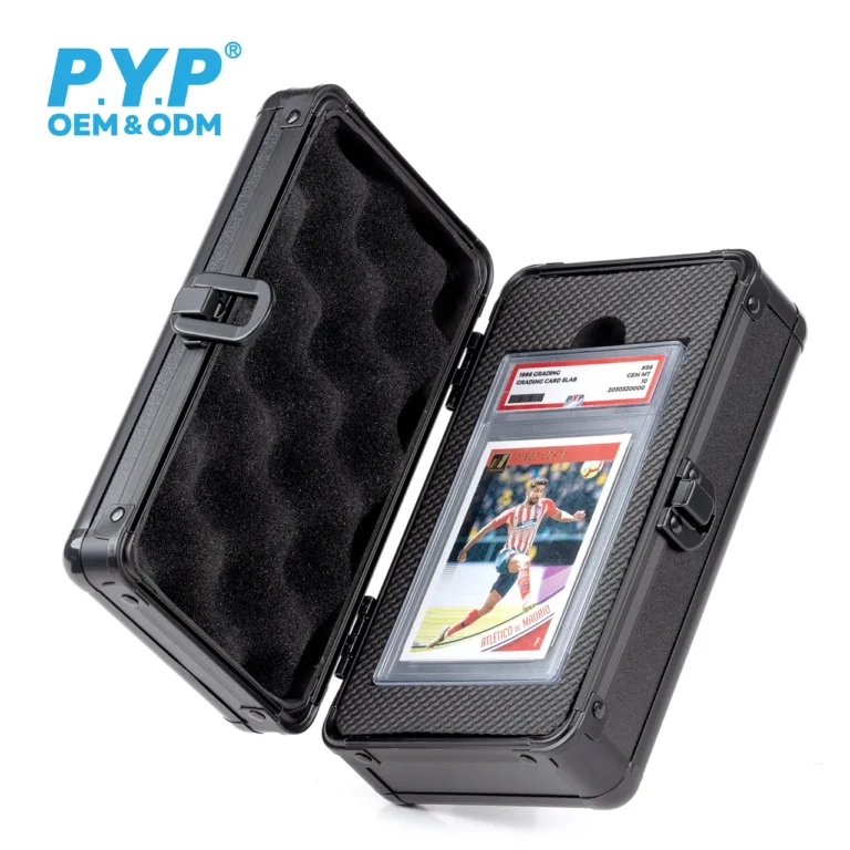 Black aluminum graded card slab carry case with custom cut foam interior, shockproof waterproof portable hard travel box for standard PSA grading slabs, factory OEM ODM bulk wholesale for sports and TCG collectible card storage