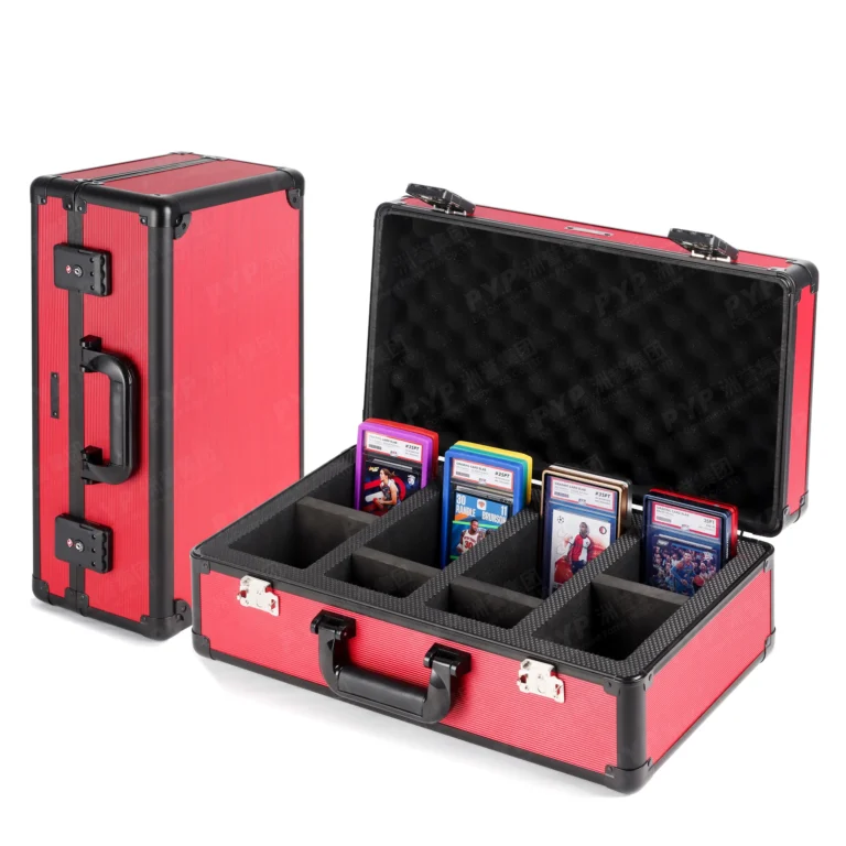 Gold 3 compartment lockable aluminum graded slab storage case, triple divided slots security lock hard carry box, shockproof foam interior fits PSA grading slabs, factory OEM ODM bulk wholesale for trading card dealers and retail shops