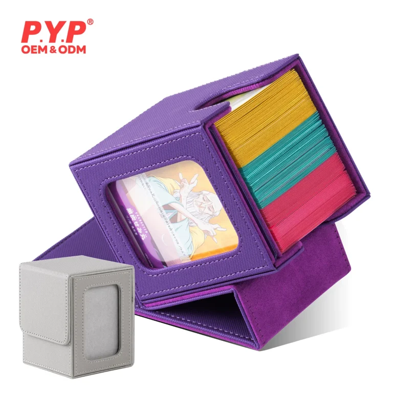 Crosshatch PU magnetic side open trading card deck box built with front transparent display window, magnetic flip lid, side loading cutout design, premium two-tone soft velvet lining. The viewing window displays top loader or showcase card artwork, suitable for sleeved Pokemon, MTG, YuGiOh and standard TCG decks. Multiple solid color options available, factory supports embossed custom logo service, OEM bulk wholesale for hobby card shops, tournament organizers and international trading card distributors.