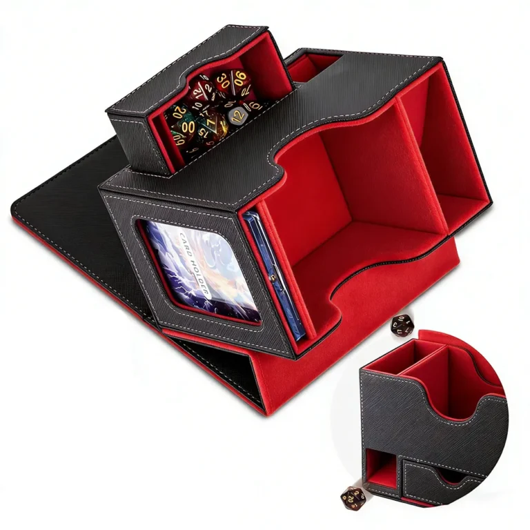 Magnetic PU trading card deck box with side transparent view window and removable dice drawer. Crosshatch PU exterior, soft two-tone velvet lining. Stores up to 120 single-sleeved TCG cards for MTG, Pokemon. Side window for viewing inner cards, multiple colors available, custom logo OEM bulk wholesale.