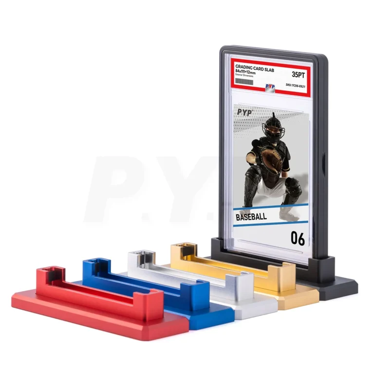 Multi color anodized CNC aluminum graded card slab display stand, solid machined metal holder in red blue gold silver black for standard PSA grading slabs, anti-tip weighted base, factory OEM ODM laser logo bulk wholesale for trading card retailers and global distributors