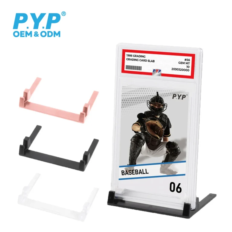Multi color plastic graded card slab display stand, lightweight stable mini plastic holder in black pink clear for standard PSA grading slabs, factory OEM ODM bulk wholesale for trading card retail and collection exhibition