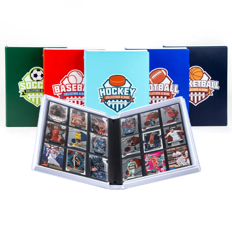 Rigid PP plastic hard shell snap button 9-pocket trading card album, customizable outer shell colors & cover printing, double-sided 9 slots per page, acid-free PP inner pockets, snap closure prevents bending, storage album for baseball, basketball, soccer sports cards and TCG cards, factory OEM custom colors & printed logos bulk wholesale for hobby retailers and sports card distributors