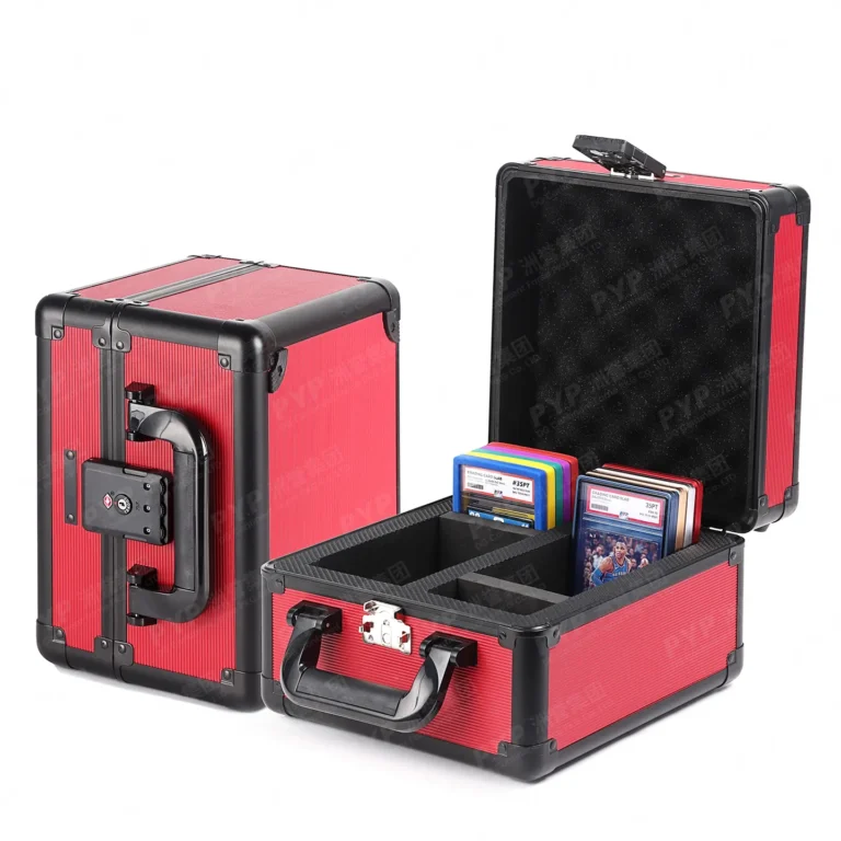 Red dual compartment lockable aluminum graded slab storage case, large capacity dual-slot portable hard carry box with security lock, shockproof foam interior fits PSA grading slabs, factory OEM ODM bulk wholesale for trading card dealers and retailers