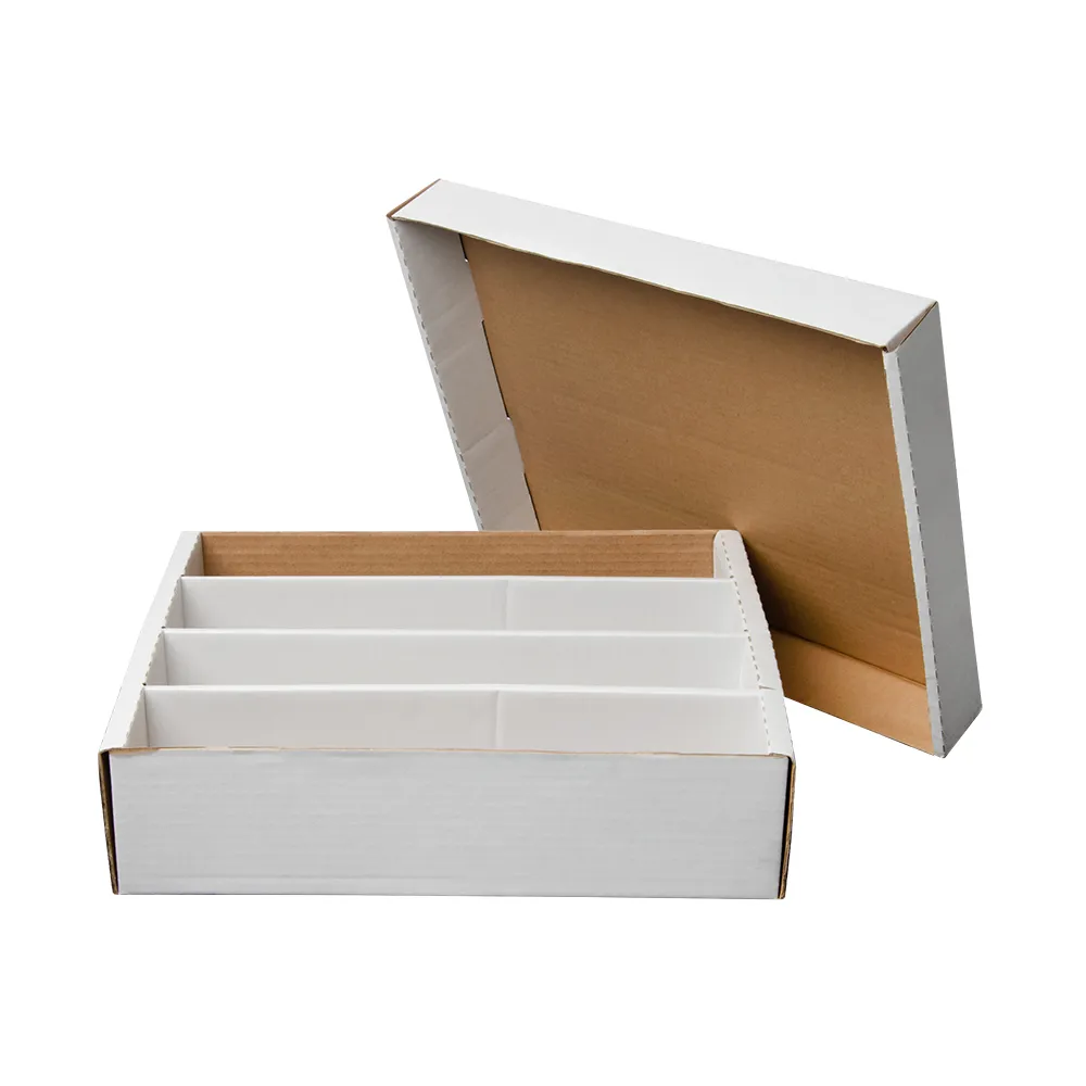 Foldable corrugated trading card cardboard storage box, heavy-duty kraft cardboard, flat packed to save shipping space, stackable design for collection organization, fits sleeved cards, rigid toploaders and magnetic card holders. Support custom dimensions and full-color logo printing, acid-free material optional. Factory OEM bulk wholesale for hobby card shops, sports card dealers and international trading card distributors.
