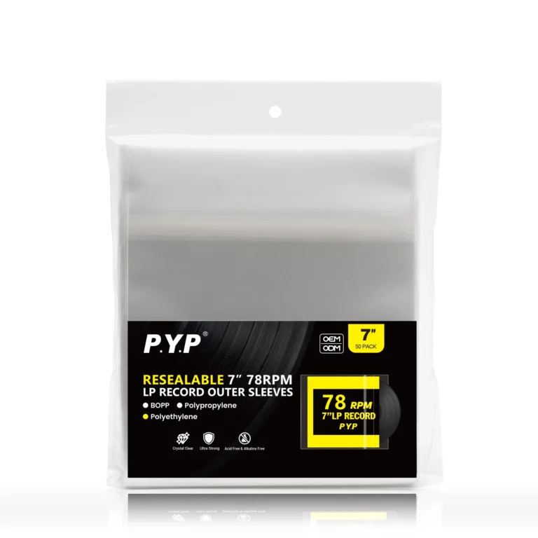 Retail pouch package of 50‑count resealable 7 inch 78RPM BOPP vinyl record outer sleeves, factory wholesale OEM supply