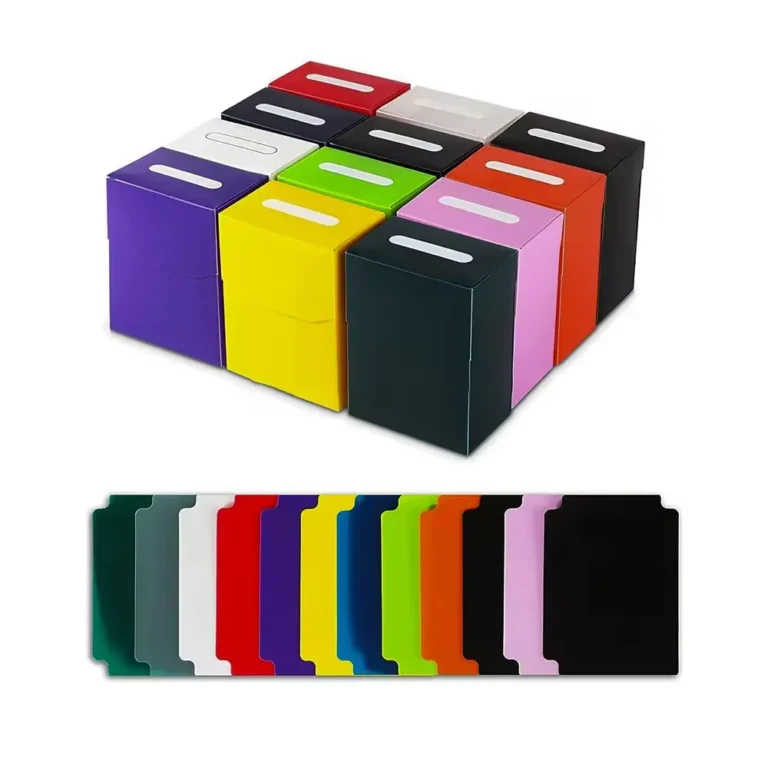 Multi-color solid plastic flip top trading card deck box, equipped with removable divider, sturdy impact-resistant plastic construction. Suitable for Pokemon, MTG, YuGiOh and all standard sleeved TCG trading cards. Flip lid design prevents cards from spilling out. Multiple color options available, factory supports custom printed brand logos, OEM bulk wholesale for hobby card retailers, tournament organizers and international trading card distributors.
