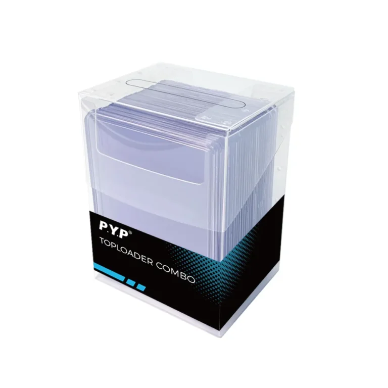 Clear stackable rigid plastic Toploader combo storage box, dustproof transparent top loader organizer case with built-in carry slot, holds standard sports, Pokemon and TCG rigid card toploaders, stackable interlocking design, factory OEM custom printed packaging bulk wholesale for trading card retailers and collectible distributors