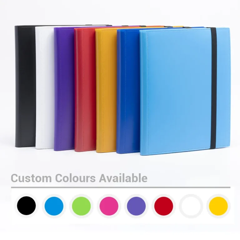 Acid-free PP polypropylene 4-pocket elastic strap trading card binder, customizable multiple solid cover colors, double-sided 4 card pockets per page, elastic band secure closure, storage album for Pokemon, MTG, Yu-Gi-Oh and standard sports trading cards, factory OEM custom color & logo bulk wholesale for hobby retailers and collectible distributors