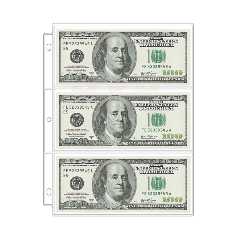 Acid‑free clear PET 3‑pocket banknote album sheets, rigid transparent PET currency binder pages for long‑term archival storage of collectible US paper money