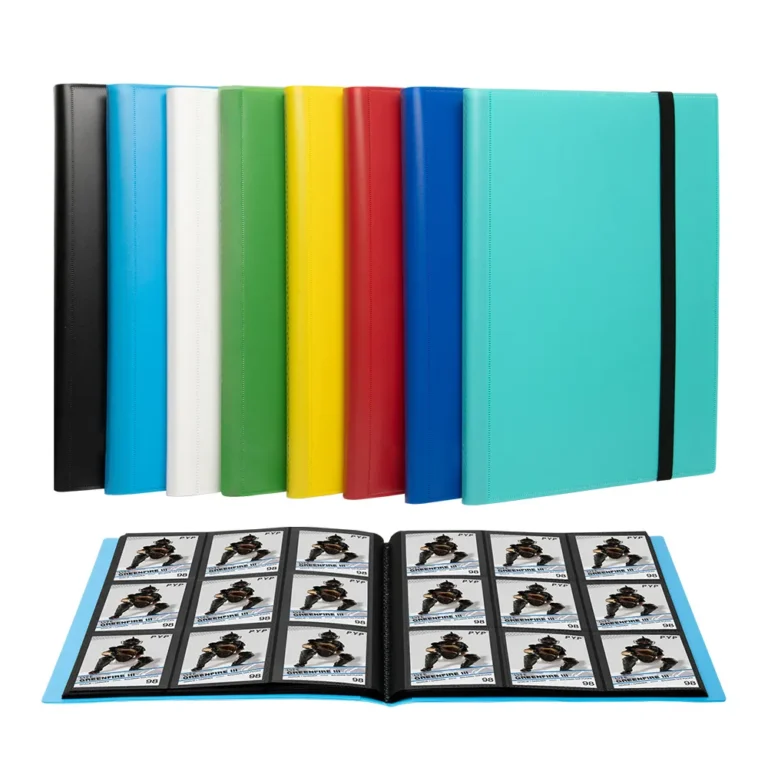Acid-free PP polypropylene 9-pocket elastic strap trading card binder, customizable multiple solid cover colors, double-sided 9 pockets per page, elastic band secure closure, storage album for Pokemon, MTG, Yu-Gi-Oh and standard sports trading cards, factory OEM custom color & logo bulk wholesale for hobby retailers and collectible distributors