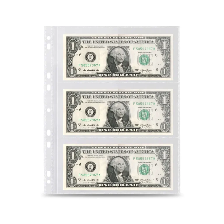 Wholesale 3‑pocket currency binder pages, clear 3‑hole PP banknote album sheets for US dollar paper money numismatic collection storage
