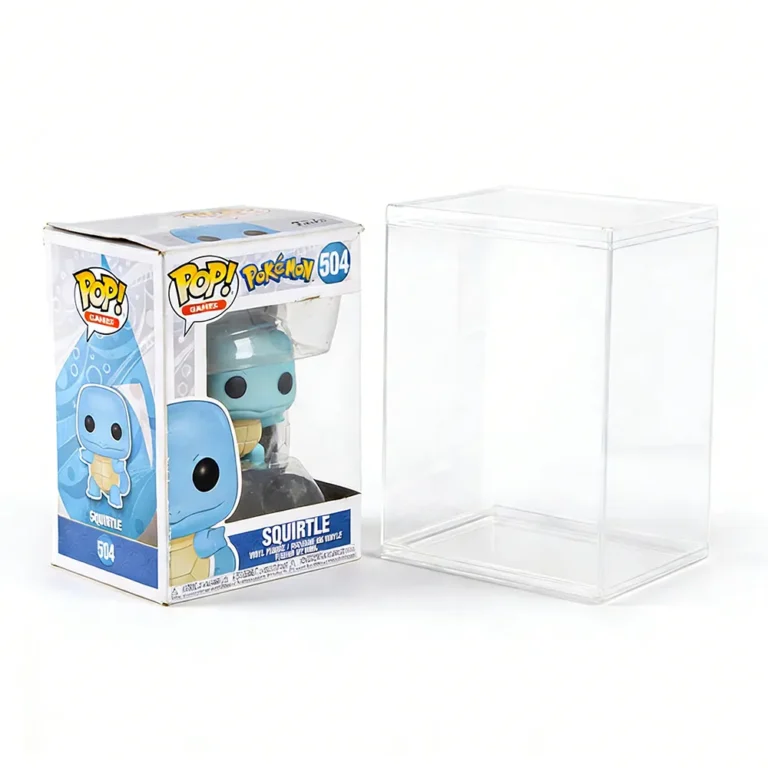 Original Funko Pop figure box next to separate plastic display protector case, size reference for wholesale buyers