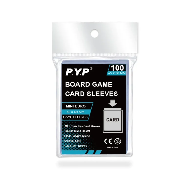 High quality board game card sleeves made of acid-free polypropylene, available in clear and matte finishes, multiple standard sizes to fit most tabletop board game cards. Effectively protects game cards from scratches, bending and abrasion during repeated gameplay. Factory supports custom sizes and custom printed retail packaging, OEM bulk wholesale for board game retailers, game publishers and tabletop hobby distributors worldwide.