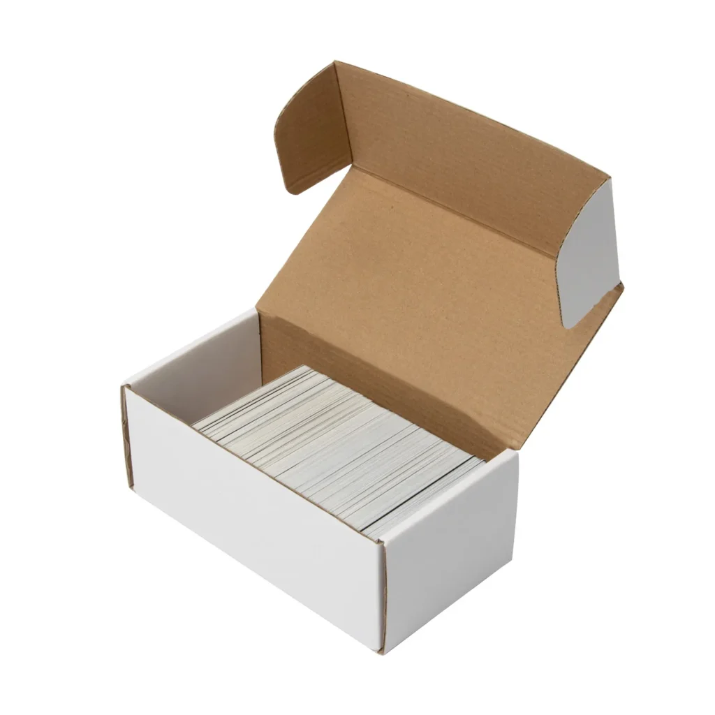 Foldable corrugated trading card cardboard storage box, heavy-duty kraft cardboard, flat packed to save shipping space, stackable design for collection organization, fits sleeved cards, rigid toploaders and magnetic card holders. Support custom dimensions and full-color logo printing, acid-free material optional. Factory OEM bulk wholesale for hobby card shops, sports card dealers and international trading card distributors.