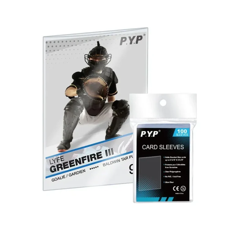 Ultra clear acid-free polypropylene trading card sleeves, standard size PVC-free card protectors for baseball, basketball, Pokemon TCG cards, 100 sleeves per hanging retail pack, factory OEM custom logo packaging bulk wholesale for card retailers