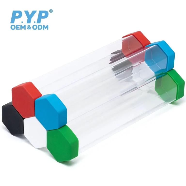 Clear hex plastic playmat storage tube with black end caps, holds rolled TCG game playmat, factory OEM wholesale