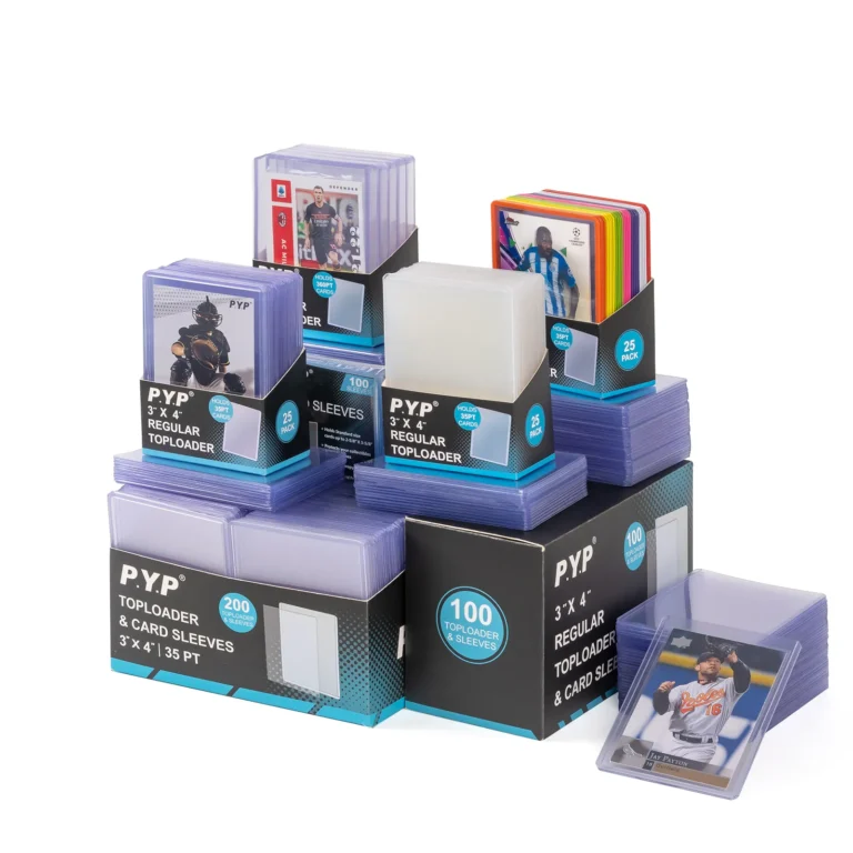 Multi PT range super thick 3x4 clear rigid card toploaders, acid-free PVC-free hard plastic trading card holders covering 35PT/55PT/75PT/100PT/130PT/180PT/360PT thickness, for jersey patch, relic, autograph memorabilia & TCG graded slab cards, available in 5/10/25 count hanging retail packs, factory OEM custom printed packaging bulk wholesale for sports card stores and global collectible distributors