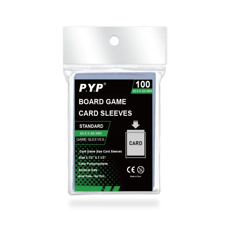 High quality board game card sleeves made of acid-free polypropylene, available in clear and matte finishes, multiple standard sizes to fit most tabletop board game cards. Effectively protects game cards from scratches, bending and abrasion during repeated gameplay. Factory supports custom sizes and custom printed retail packaging, OEM bulk wholesale for board game retailers, game publishers and tabletop hobby distributors worldwide.