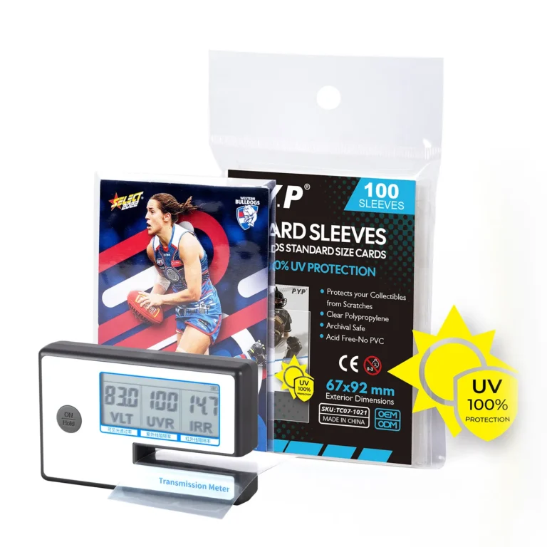 Ultra clear acid-free polypropylene trading card sleeves, standard size PVC-free card protectors for baseball, basketball, Pokemon TCG cards, 100 sleeves per hanging retail pack, factory OEM custom logo packaging bulk wholesale for card retailers