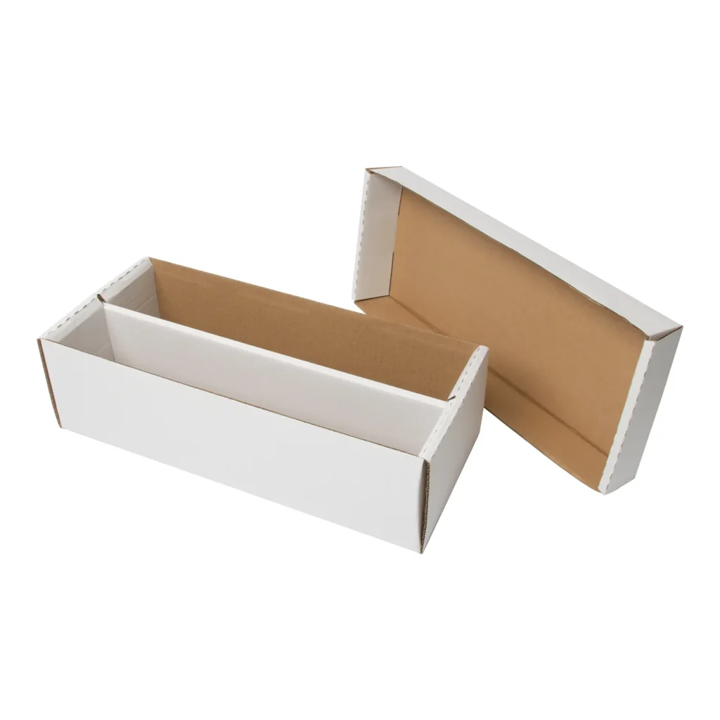 Foldable corrugated trading card cardboard storage box, heavy-duty kraft cardboard, flat packed to save shipping space, stackable design for collection organization, fits sleeved cards, rigid toploaders and magnetic card holders. Support custom dimensions and full-color logo printing, acid-free material optional. Factory OEM bulk wholesale for hobby card shops, sports card dealers and international trading card distributors.